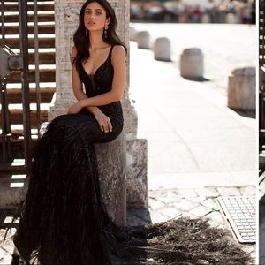 Alamour black feather detail evening gown